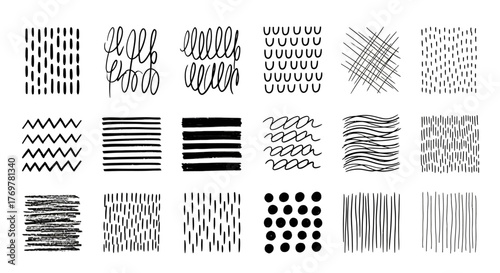 Contemporary assortment of artistic hand-drawn patterns and textures featuring various lines, dots, squiggles, and dashes, offering versatile graphic elements for creative design applications, 
