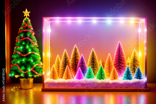 frame decorated with colorful lights for New Year and Christmas holidays, with view of winter landscape and christmas trees inside, beautiful winter nature like a fairy tale