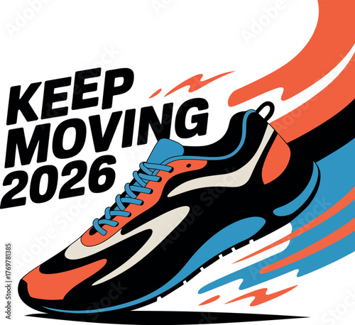 Running shoe illustration with keep moving 2026 text isolated on white background