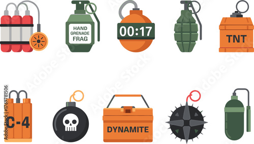 Explosive device vector set, dynamite, grenade, bomb, C-4, TNT, sea mine, timer, military weapon icons, cartoon illustration, danger symbols
