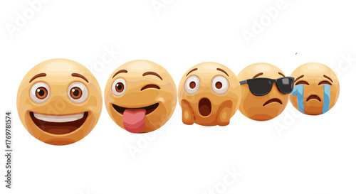 A diverse collection of five 3D rendered emojis showcasing a range of emotions from joy and playfulness to surprise, coolness, and sadness, presented against a stark black background for maximum
