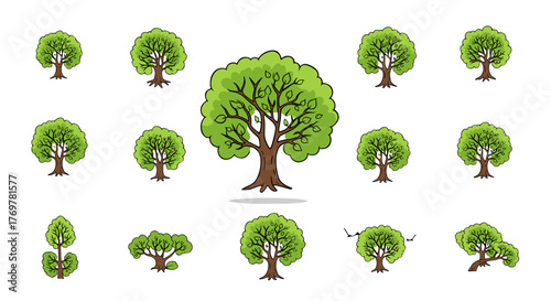 A collection of stylized, cartoonish green trees with brown trunks and branches, set against a black background, showcasing diverse shapes and sizes for graphic design and illustration purposes.