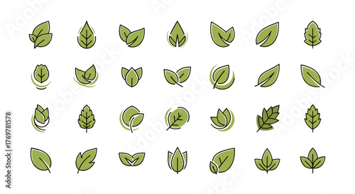Collection of 30 stylized green leaf icons and symbols on a black background, representing nature, growth, and eco-friendly concepts, perfect for branding and design projects.
