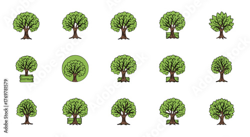 Collection of stylized green trees with brown trunks, isolated on a black background, showcasing various simple designs and arrangements, including trees in planters and within circles, perfect for
