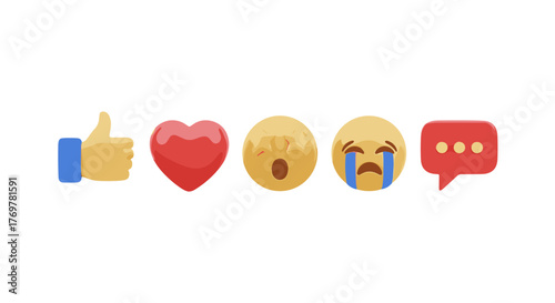A collection of popular social media reaction emojis, including a thumbs-up, a red heart, a star-struck face, a crying face, and a speech bubble, presented in a clean, 3D rendered style against a