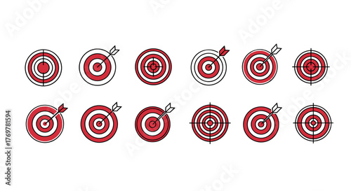 Collection of twelve stylized dartboard icons in various designs, featuring red and black concentric circles, some with arrows hitting the bullseye, presented on a solid black background, symbolizing