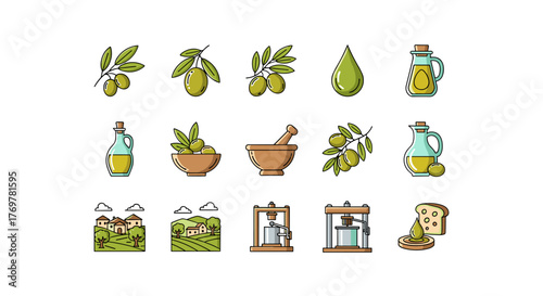 Set of flat design icons representing the olive oil production process, from cultivation and harvesting to pressing and final product, suitable for food and beverage industry marketing, culinary