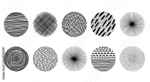 Diverse collection of abstract black and white circular patterns featuring unique line art and modern graphic textures. Ideal for contemporary design backgrounds and decorative elements