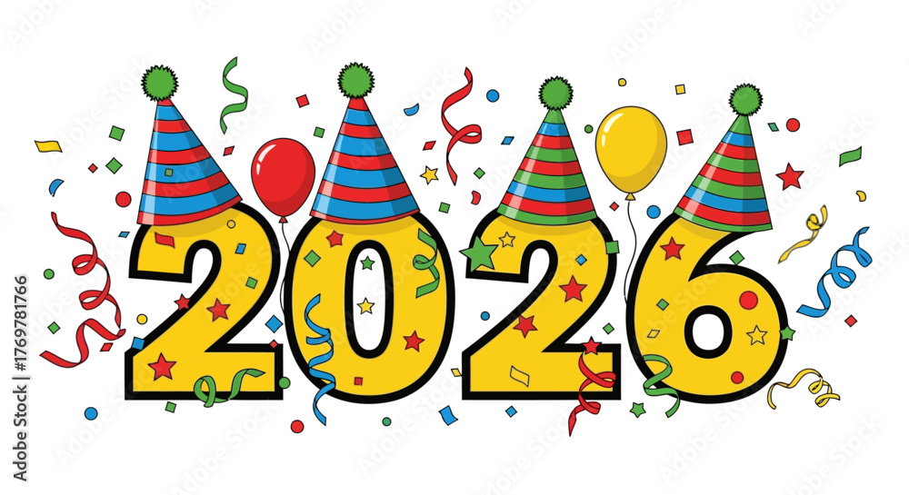Obraz premium Vibrant cartoon illustration for the New Year 2026 celebration, featuring festive party hats, colorful confetti, and joyful balloons