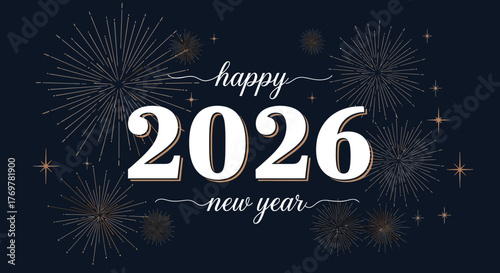 Happy 2026 New Year Festive Fireworks Display on Dark Blue Background