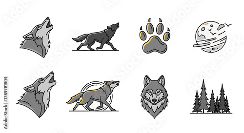 Collection of stylized wolf icons and illustrations, featuring howling wolves, a wolf in motion, a wolf's head, a paw print, a moon with birds, and a forest of pine trees, all rendered in a modern