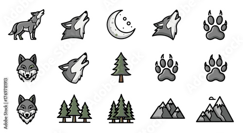 Collection of stylized vector icons depicting wolves howling at the moon, wolf faces, paw prints, evergreen trees, and snow-capped mountains, representing wilderness and nature themes in a modern