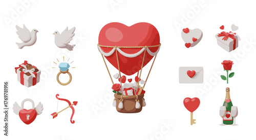 A charming collection of 3D Valentine's Day icons, featuring a romantic hot air balloon shaped like a heart, doves, engagement ring, gift boxes, roses, champagne, love lock, cupid's bow, and an