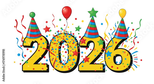 Happy New Year 2026 Celebration with Confetti and Party Hats