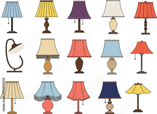 Table lamp vector illustration set, sixteen vintage-style lamps with varied bases and shades, white background for interior, decor, and lighting concepts