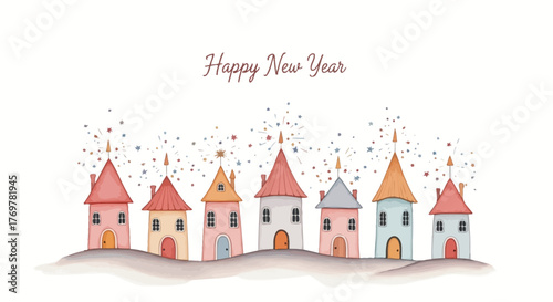 Whimsical watercolor village illustration celebrating the New Year with colorful houses and festive confetti, perfect for holiday greetings and seasonal decorations