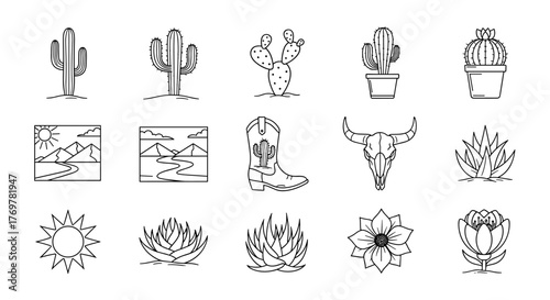 Collection of stylized white line art icons on a black background, featuring desert flora like cacti and succulents, western elements such as a cowboy boot and bull skull, and arid landscape scenes