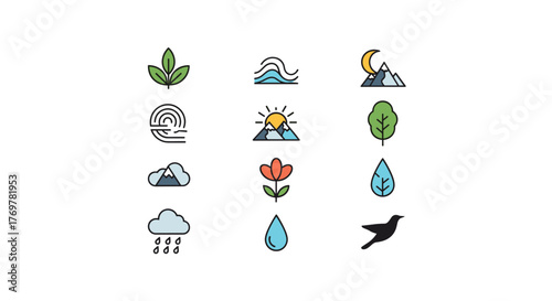 Collection of stylized, flat design icons representing nature and environmental elements, including leaves, water waves, mountains under a moonlit sky, a sunrise over mountains, a tree, a cloud