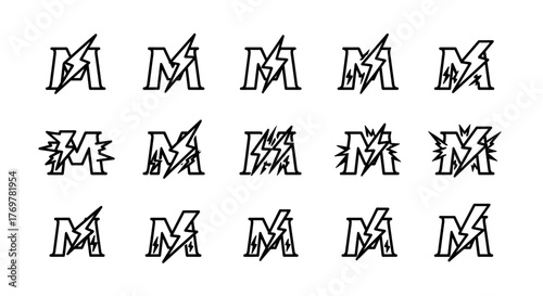 A collection of stylized letter 'M' designs, presented in a grid layout with a minimalist, outline aesthetic. Each 'M' features unique geometric fragmentation and sharp, angular lines, suggesting a