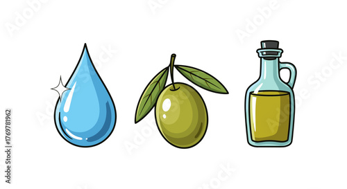 A trio of simple, stylized icons representing essential elements: a sparkling blue water droplet, a ripe green olive on a branch with leaves, and a clear glass bottle filled with golden olive oil