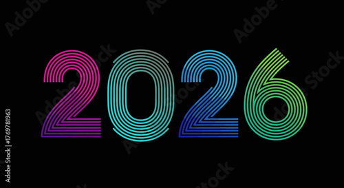New Year 2026 Futuristic Abstract Design with Colorful Gradient Lines on Black Background