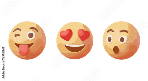 Three-dimensional cartoon emojis expressing different emotions: a winking face with its tongue sticking out, a face with heart-shaped eyes, and a surprised face with wide eyes and an open mouth