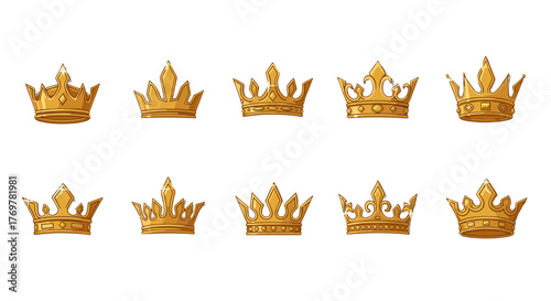 Collection of ten golden crowns, each uniquely designed with intricate details, set against a stark black background, symbolizing royalty, power, and luxury, perfect for heraldry or premium branding.