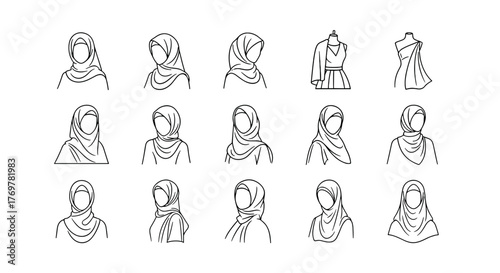Collection of minimalist white line art illustrations of various hijab styles and modest fashion outfits, presented on a black background, perfect for fashion design, cultural representation, and