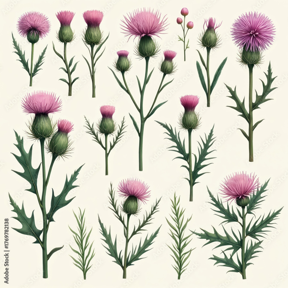 Obraz premium Set of thistle illustration with blossom, leaf and stem. Scottish thistle plants are ideal for invitations. Purple scottish thistle visual illustration on light beige background for wallpaper design.