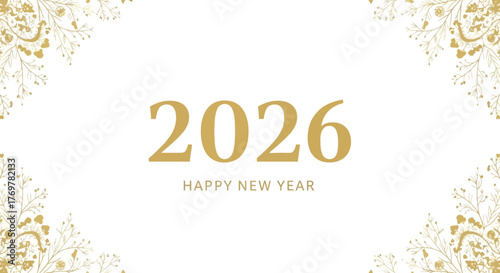Happy New Year 2026 elegant design with golden floral motifs and clear white background