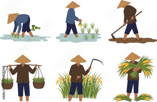 Rice farming vector illustration set, six conical-hat workers performing planting, harvesting, and soil tasks, white background for agriculture and rural concepts
