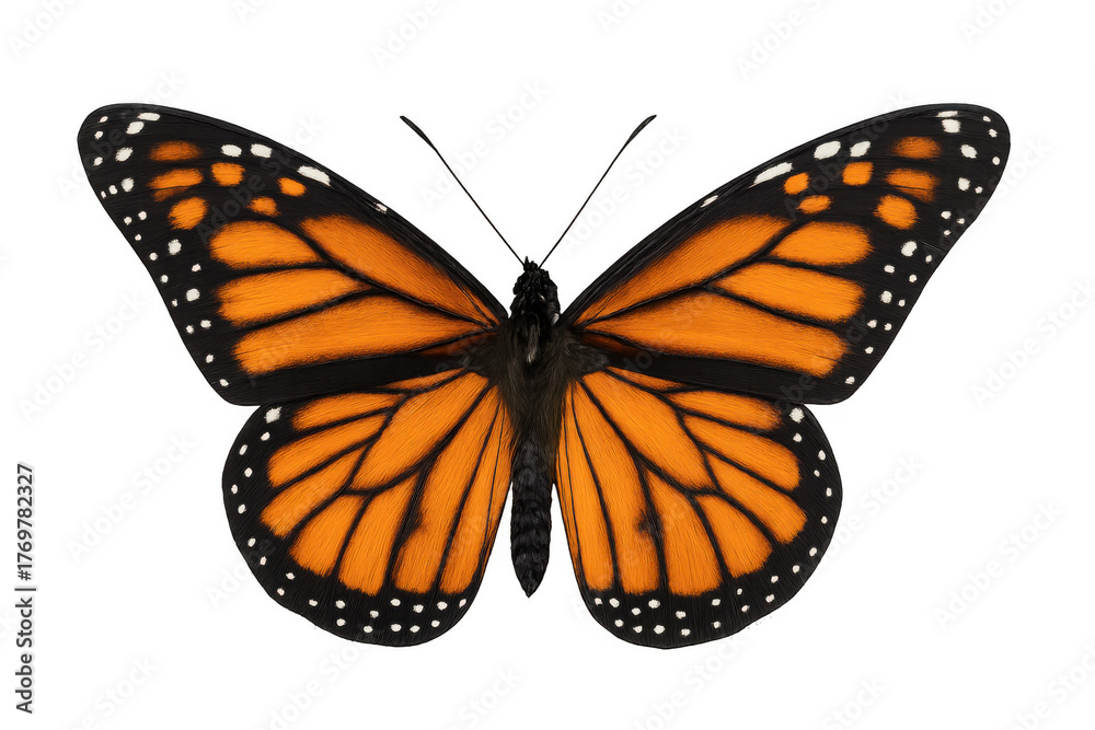 Fototapeta premium Monarch butterfly spreading its orange and black wings, representing transformation and nature on transparent background