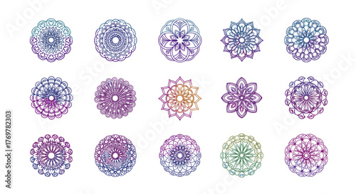 A stunning collection of 15 intricate mandala designs, each featuring a unique, symmetrical pattern with a vibrant, iridescent gradient effect transitioning through shades of blue, purple, pink, and