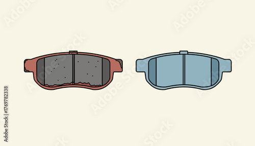 Automobile maintenance concept showing a comparison between a new, fresh blue brake pad and an old, worn out red brake pad, highlighting the need for replacement