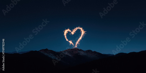 Heart-shaped firework glowing over mountain landscape at night. Romantic celebration concept for Valentine’s Day or New Year.