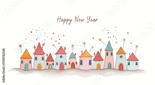 Happy New Year Card with Whimsical Townhouses against a White Backdrop