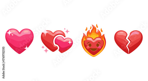 A vibrant collection of four distinct heart emojis, showcasing a spectrum of emotions and states of love, from sparkling affection and intertwined romance to passionate intensity and the sorrow of a
