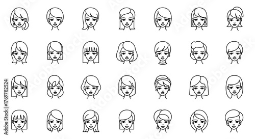 A diverse collection of 28 unique female avatar icons, presented in a clean white outline style against a stark black background, showcasing a variety of hairstyles and facial features, perfect for