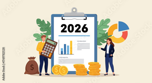 Financial planning for the year 2026 with growth charts, coins and calculator