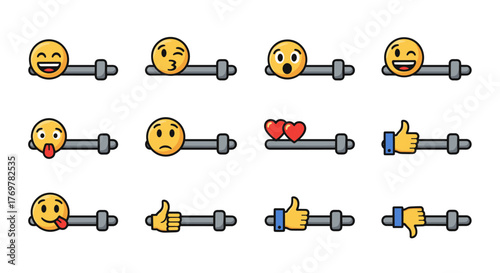 Set of twelve diverse emoji icons and social media reaction symbols, including laughing, winking, surprised, sad, playful, and thumbs up/down, presented on sliders against a black background, perfect