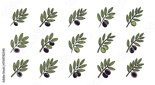 Collection of fifteen stylized olive branches, featuring both ripe purple and unripe green olives, presented on a stark black background, perfect for culinary, health, or Mediterranean-themed designs.