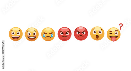 A spectrum of emoji faces displaying a range of emotions from happiness and sadness to anger and surprise, culminating in a playful wink and a question mark, against a stark black background