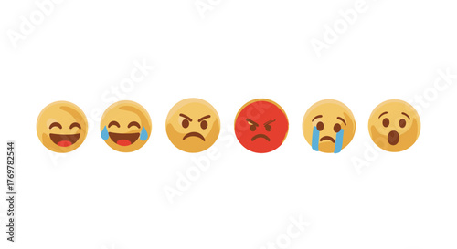 A vibrant collection of 3D rendered emoji faces showcasing a spectrum of emotions, from laughter and tears to anger and surprise, set against a stark black background, perfect for digital