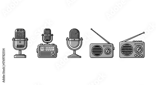 Retro audio equipment collection: vintage microphones and classic radios, presented in a clean, modern flat design style with a grayscale color palette, perfect for music, broadcasting, or podcasting