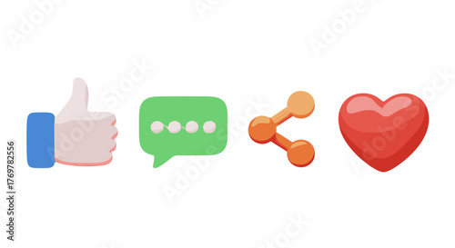 A vibrant 3D illustration showcases a collection of social media icons, including a thumbs-up, a speech bubble with dots, a share icon, and a heart, all rendered in a clean, modern style against a