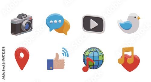 Collection of eight vibrant 3D social media icons and symbols, including a camera, chat bubbles, play button, bird, map pin, thumbs up, globe with music notes, and a heart with music notes, set