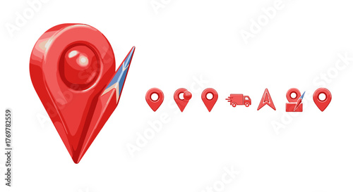 A collection of red 3D map pin icons and navigation symbols, including a large prominent map marker with a blue and white flag, a delivery truck, and various location pointers, all isolated on a
