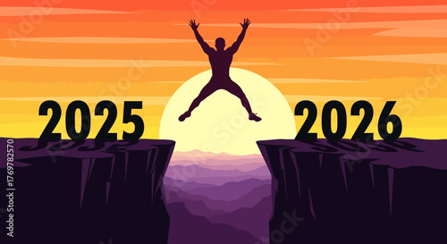 Person jumping across a chasm between the years 2025 and 2026 at sunset symbolizing transition and new beginnings