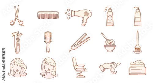 A collection of stylized icons representing hair salon and barber shop tools and services, including scissors, combs, hair dryers, straighteners, brushes, hair dye bowls, hairspray bottles, and