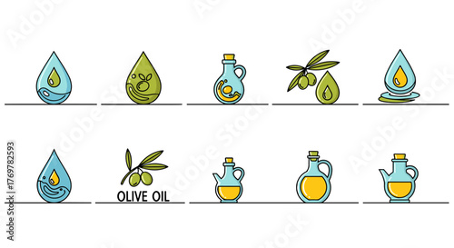 Set of flat design icons representing olive oil production and usage, featuring stylized drops of oil, olive branches with olives, and various glass bottles filled with golden liquid, perfect for
